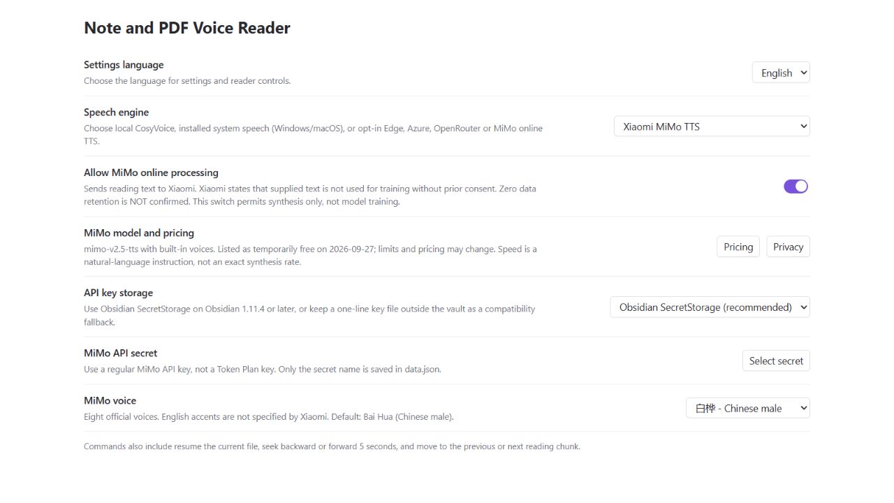 Voice engine settings