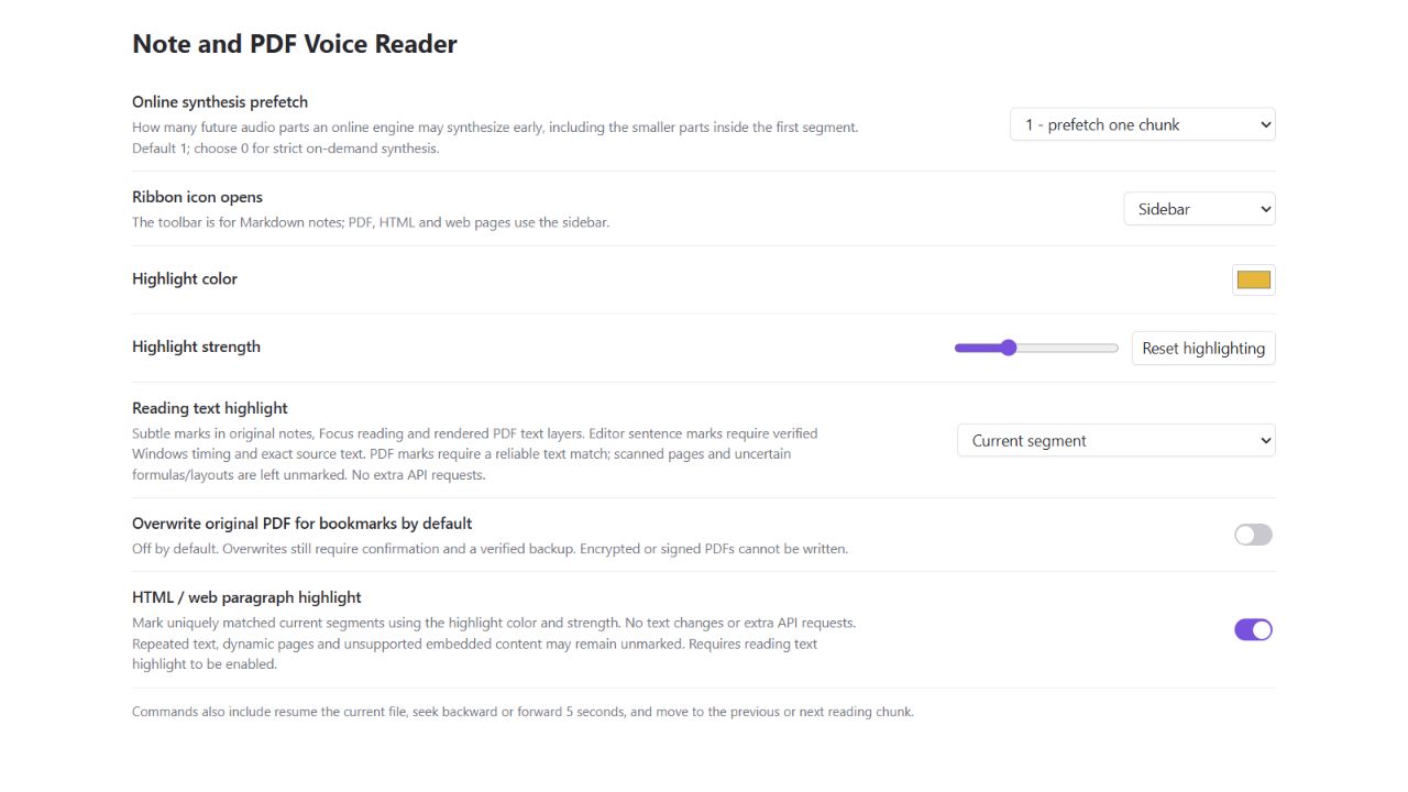 Highlight and reading settings