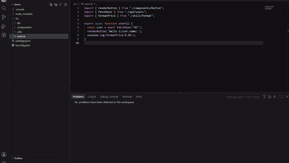 Plain VS Code shows no problems; with Project Problems the Problems panel lists errors from five files that are not open, and clicking one opens it at the line