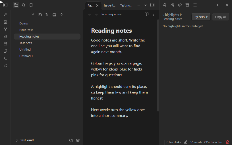 Highlight from the right-click menu, change a colour by clicking inside a highlight, and list every highlight in the panel