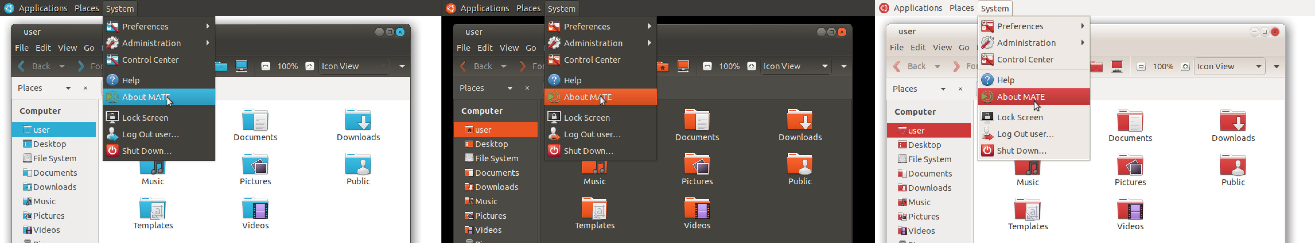 Screenshot of the 3 themes using custom colours