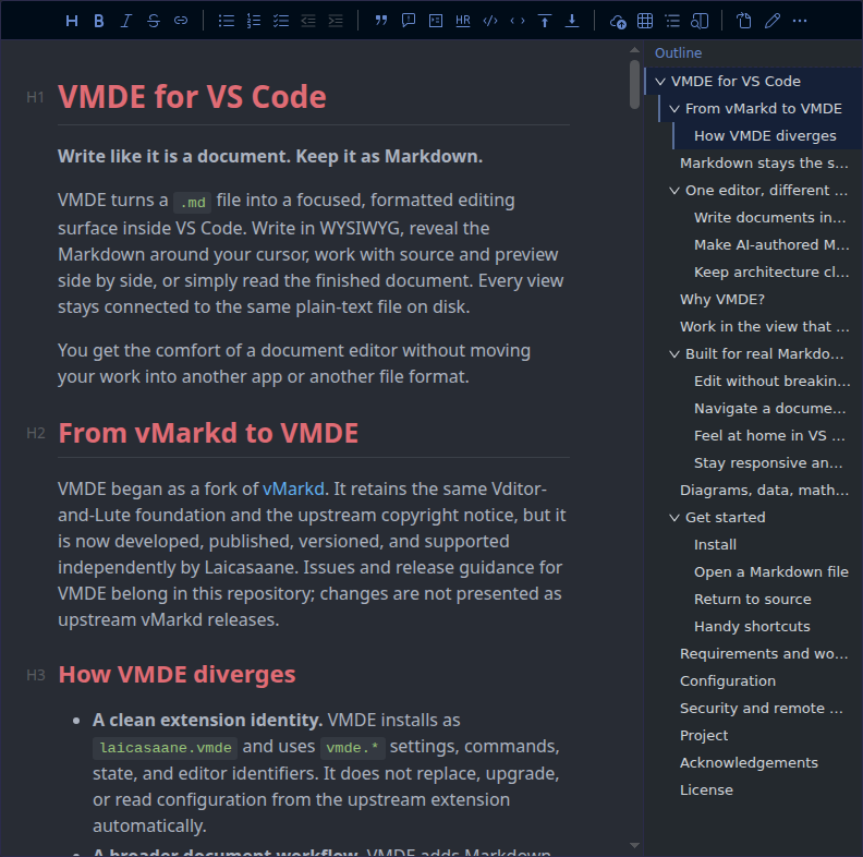 VMDE editing a Markdown document