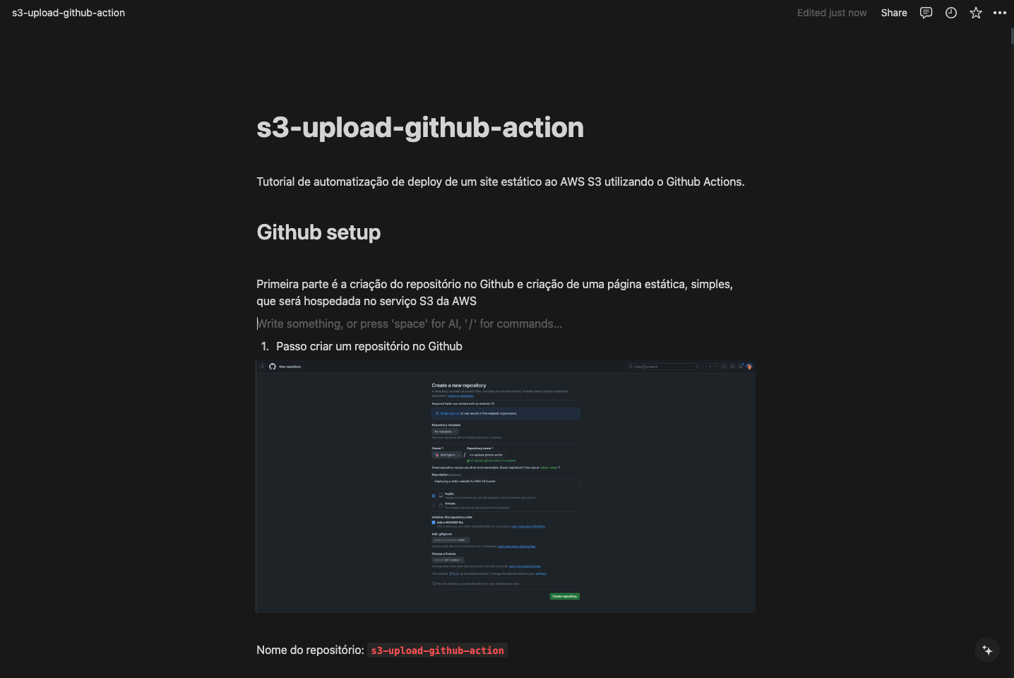 Página do notion que contém o tutorial de como automatizar processos usando Github Actions