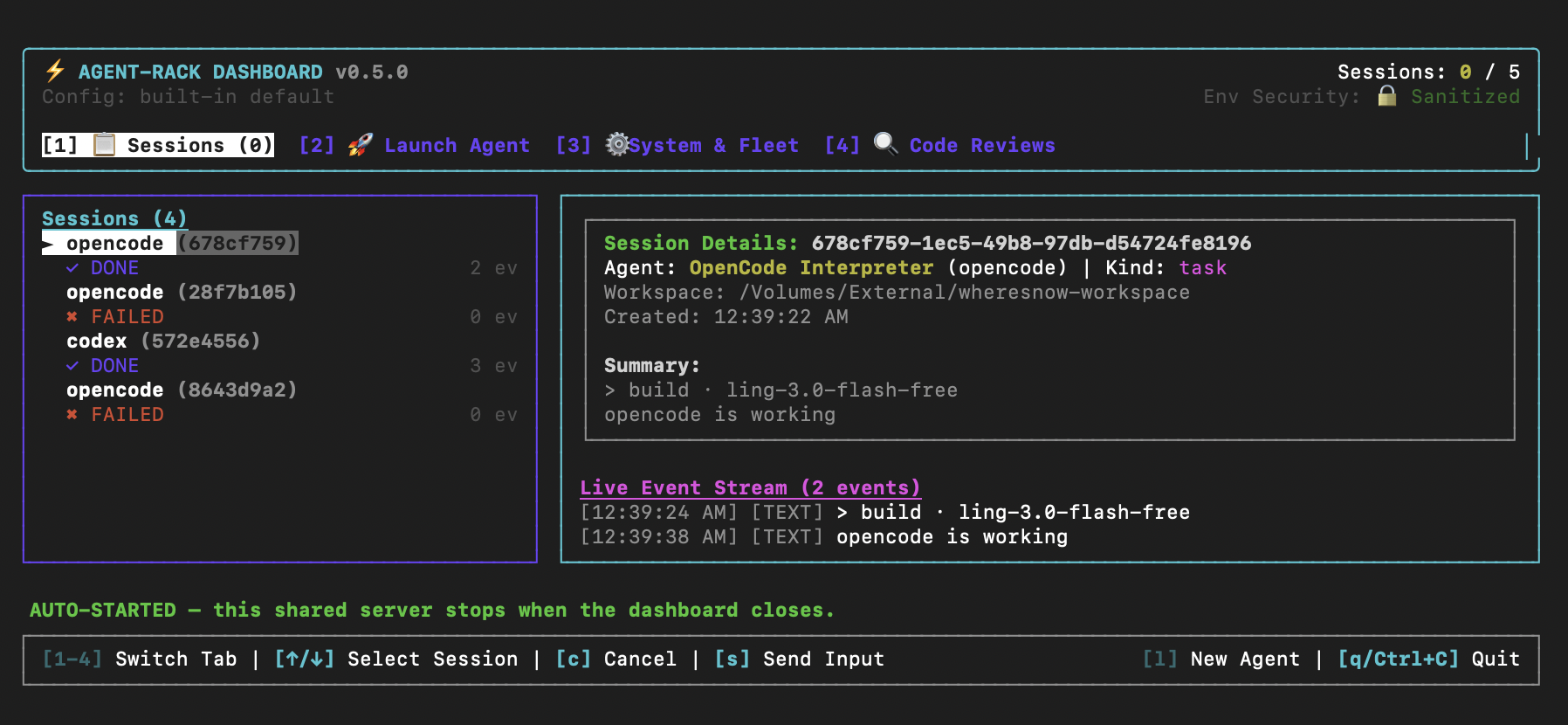 agent-rack dashboard TUI showing live sessions, session details, and event stream