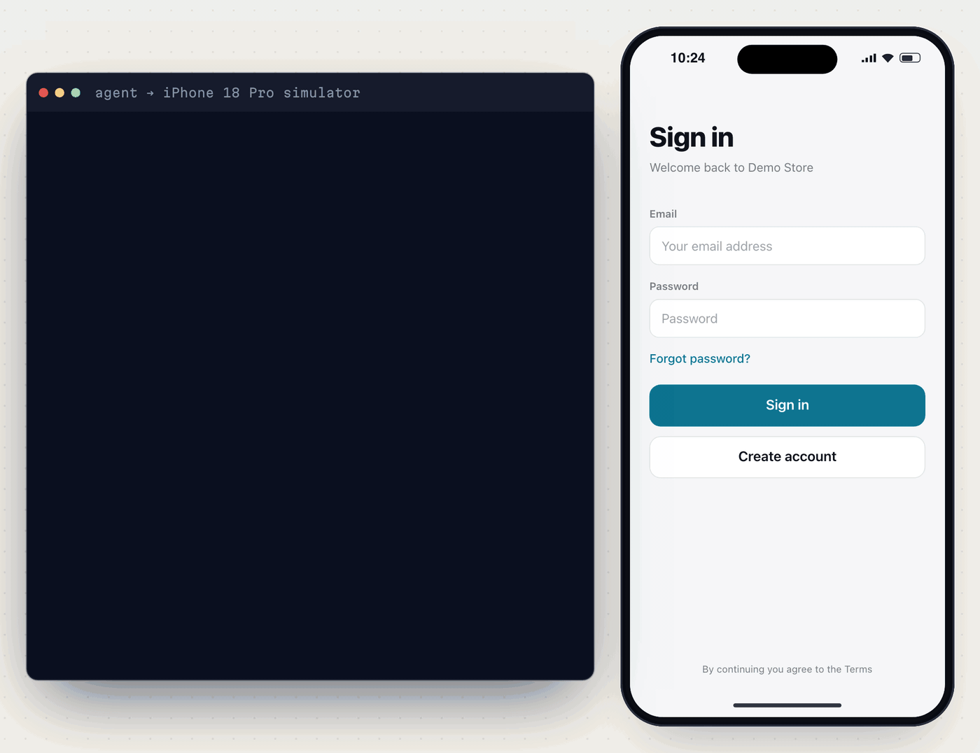 An agent drives a demo app with looktap: it reads the sign-in screen as a list of labelled elements, taps, fills in an email address, and scrolls and zooms a map, while the phone beside the terminal reacts to each command