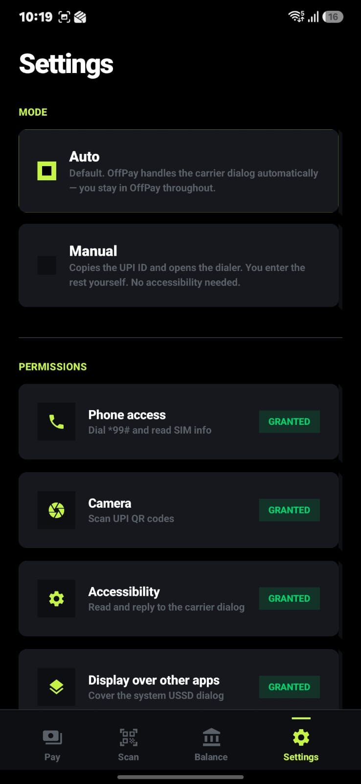 Settings: mode and permissions