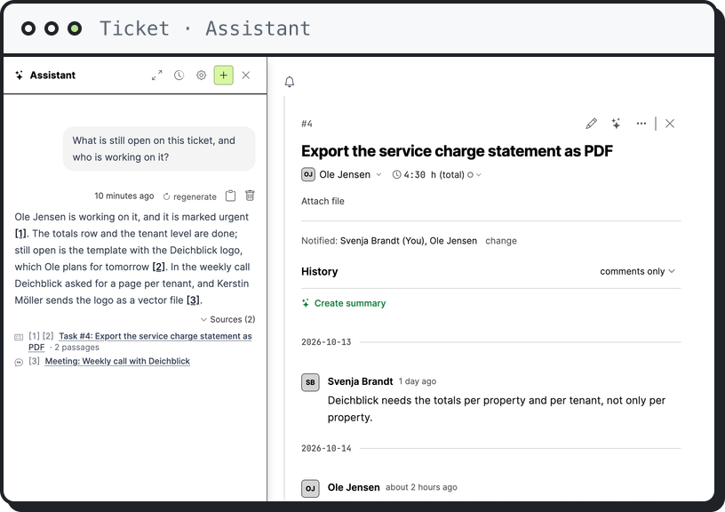 A ticket open in Lalabase with the assistant beside it. The ticket is the question's reference; the answer says who works on it and what is still open, and cites the ticket, a comment and a meeting.
