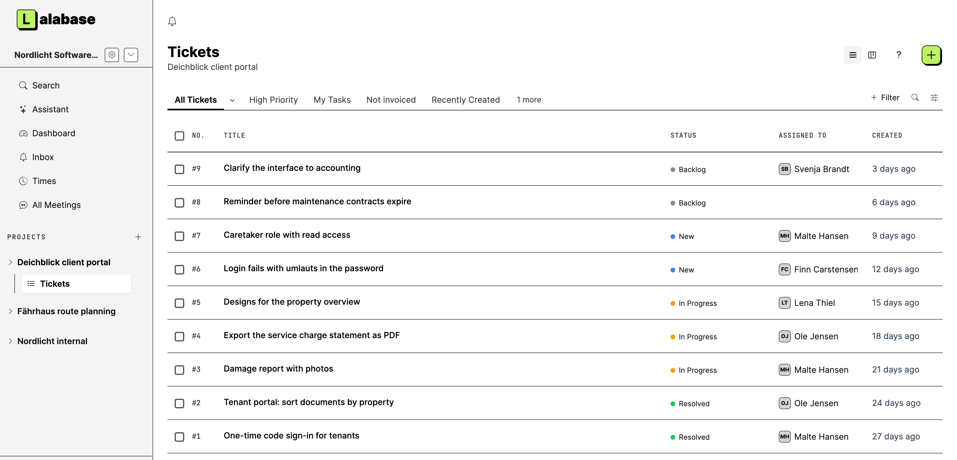 The ticket list of a client project in Lalabase: tickets with status, assignee and age, saved views above, projects in the sidebar
