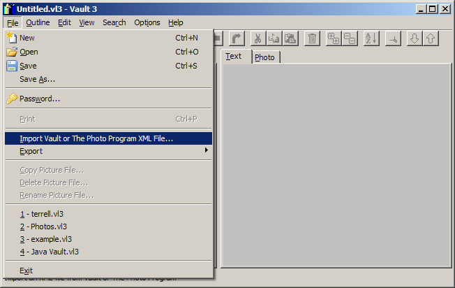 Go to Vault 3 and select File / Import Vault or The Photo Program XML File