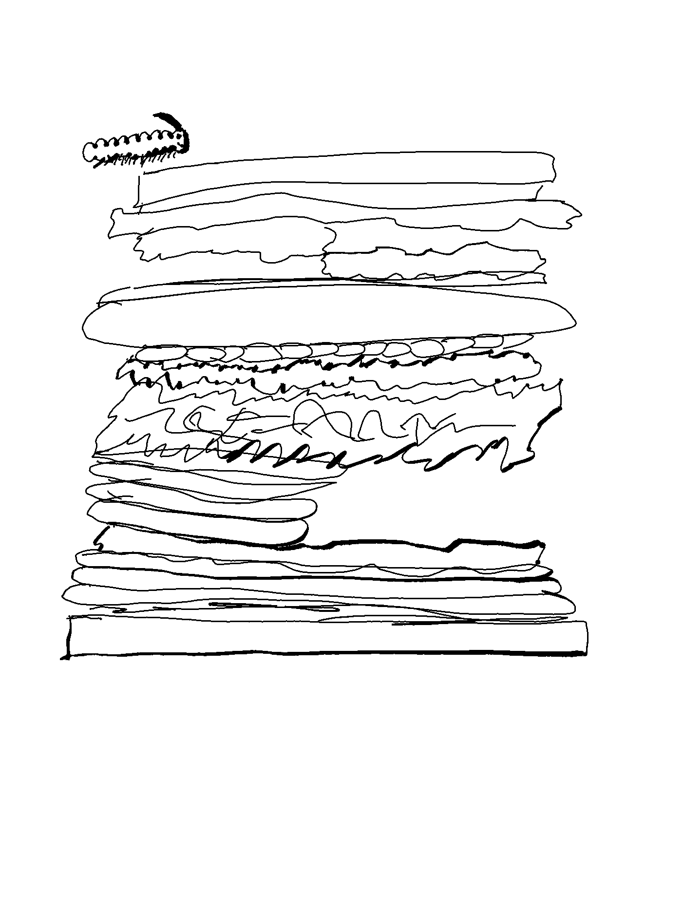 Drawing of a caterpillar atop a giant stacked sandwich with ingredients that go across the whole sandwich, and some that are on half only.