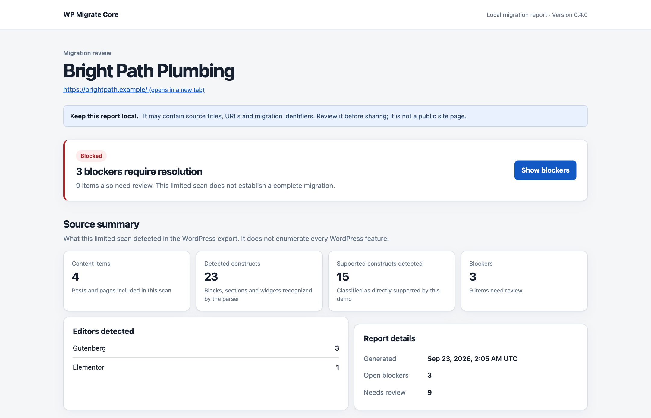 Version 0.4.0 migration report for the fictional Bright Path Plumbing site, showing blockers and the source summary.