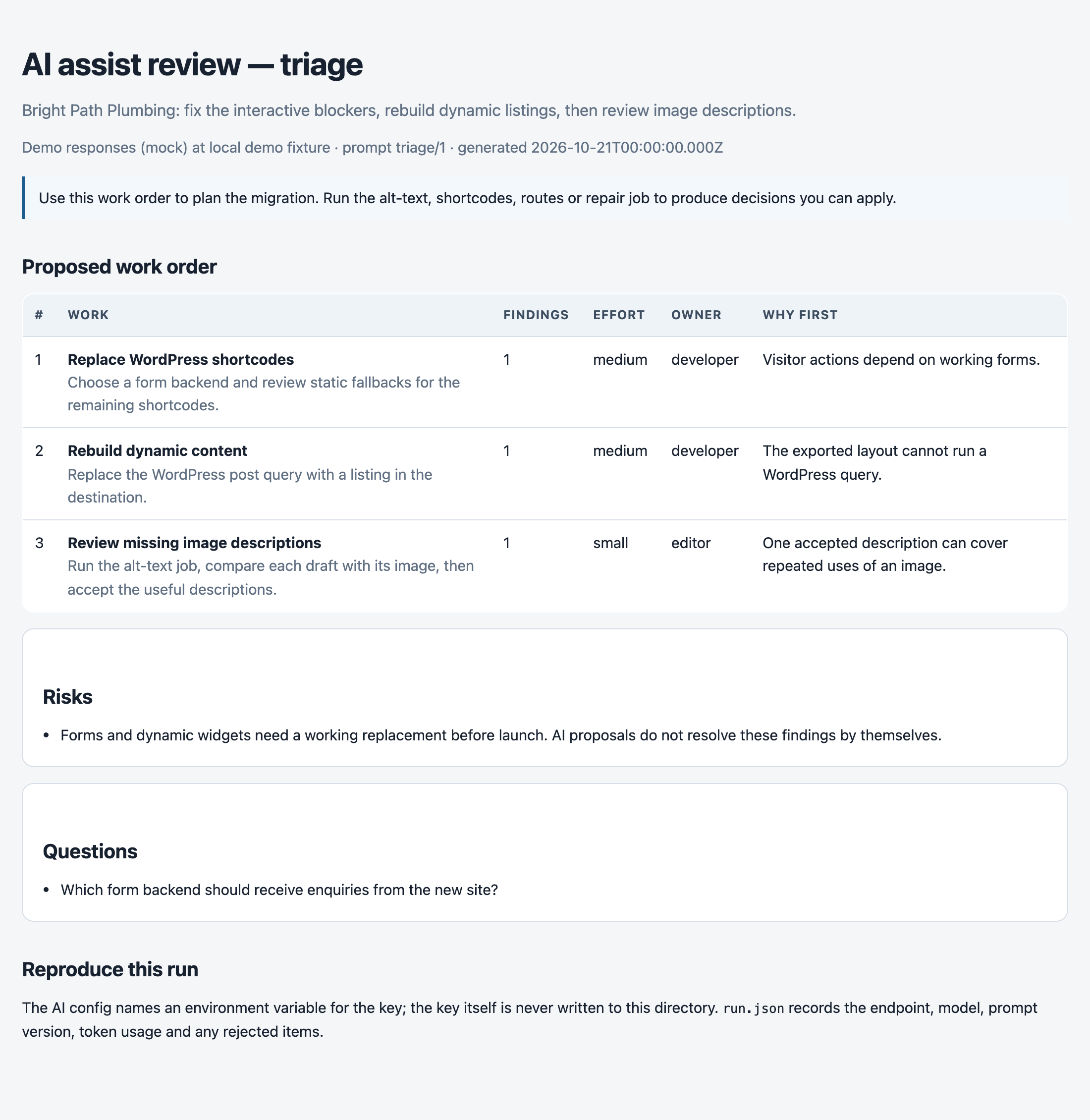 AI assist triage review showing a prioritized migration work order with findings, effort, owners and recommended actions.