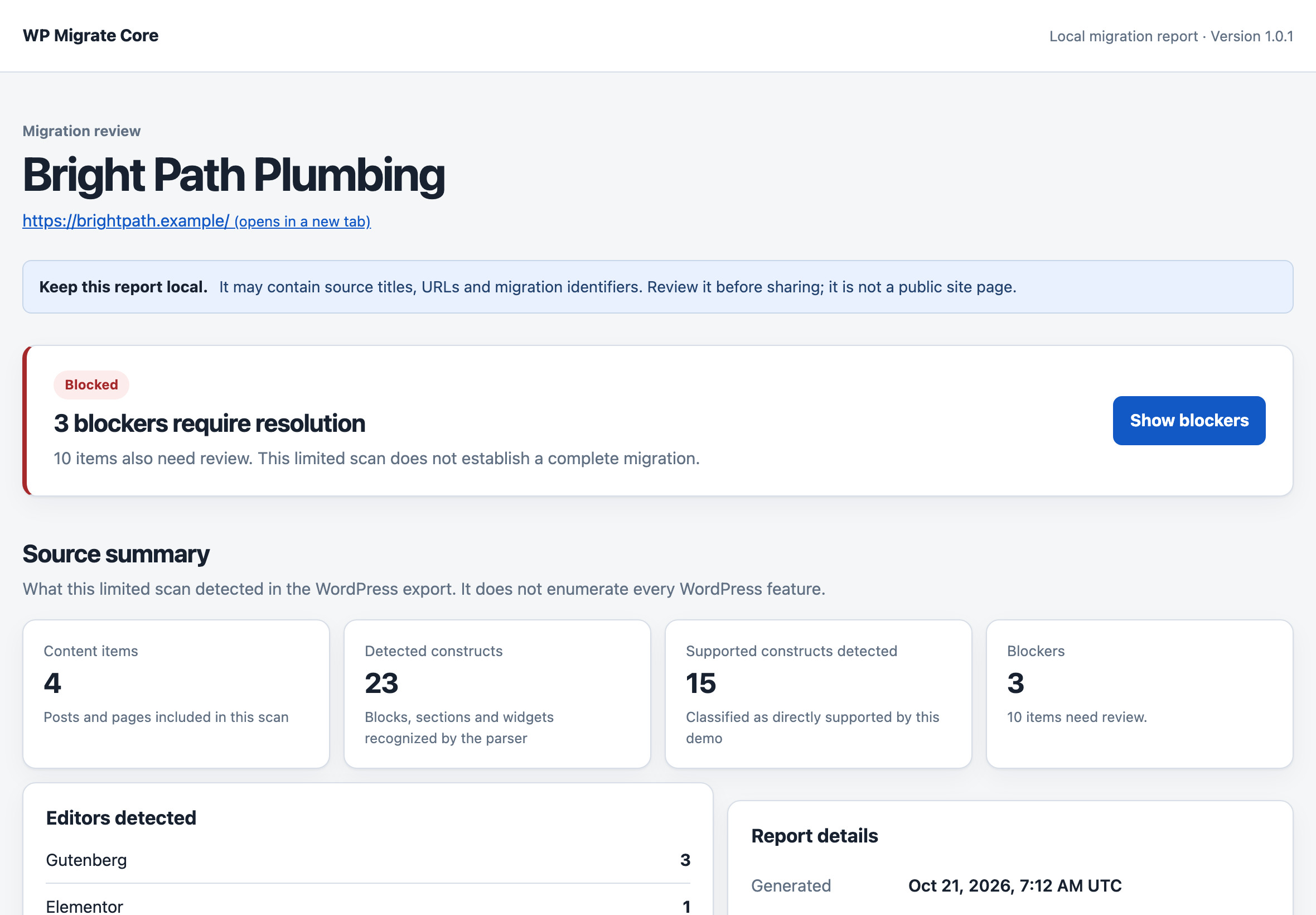 Version 1.0.1 migration report for Bright Path Plumbing, showing findings and the repair queue that AI assist reads.