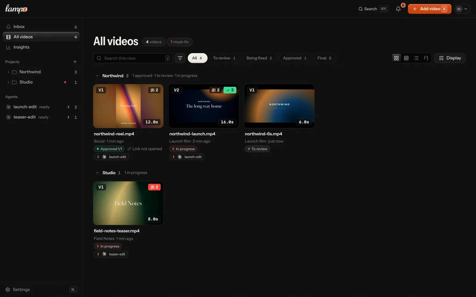 The library: projects, agents, open notes, approvals