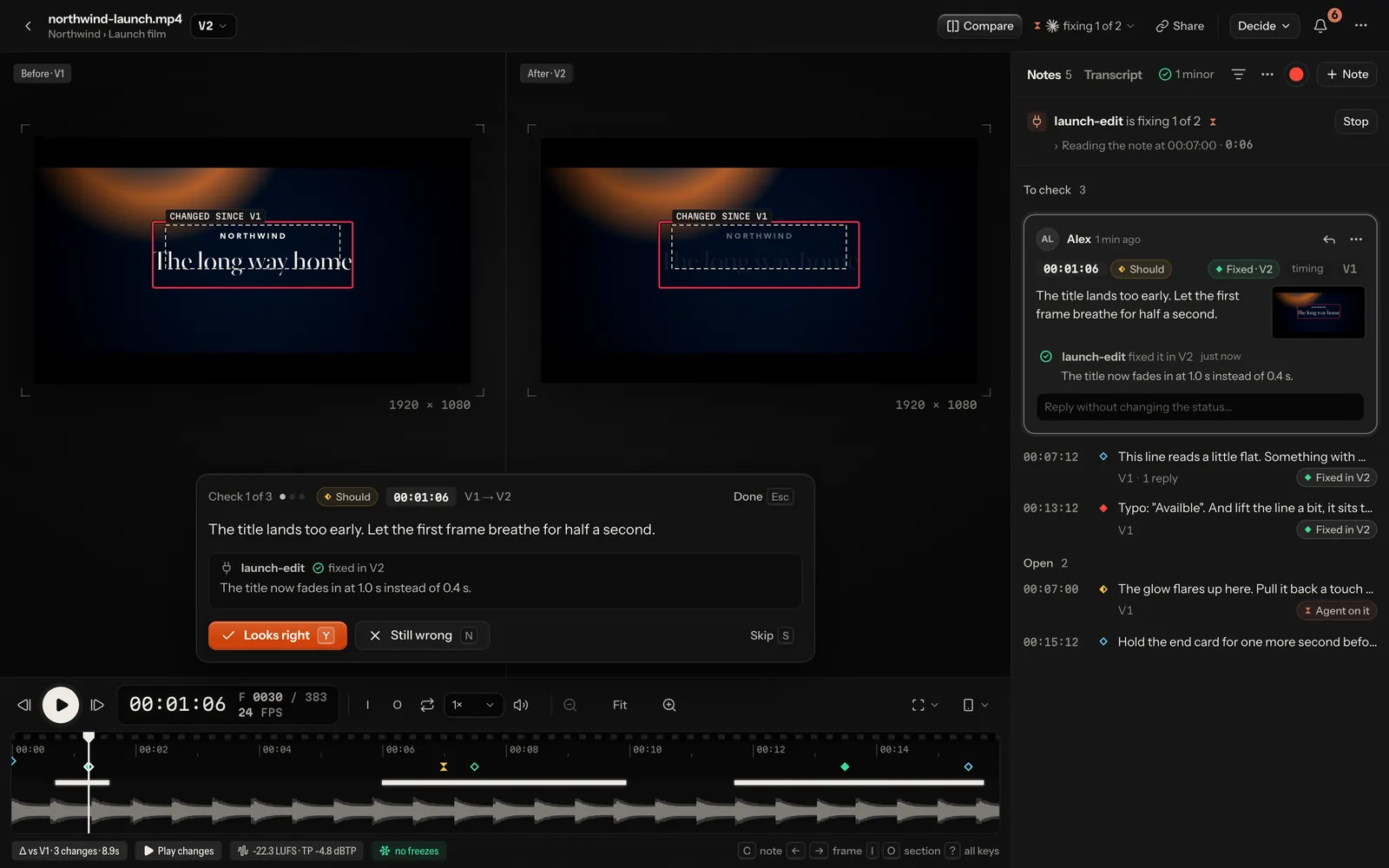 Check mode: V1 and V2 side by side with the fix