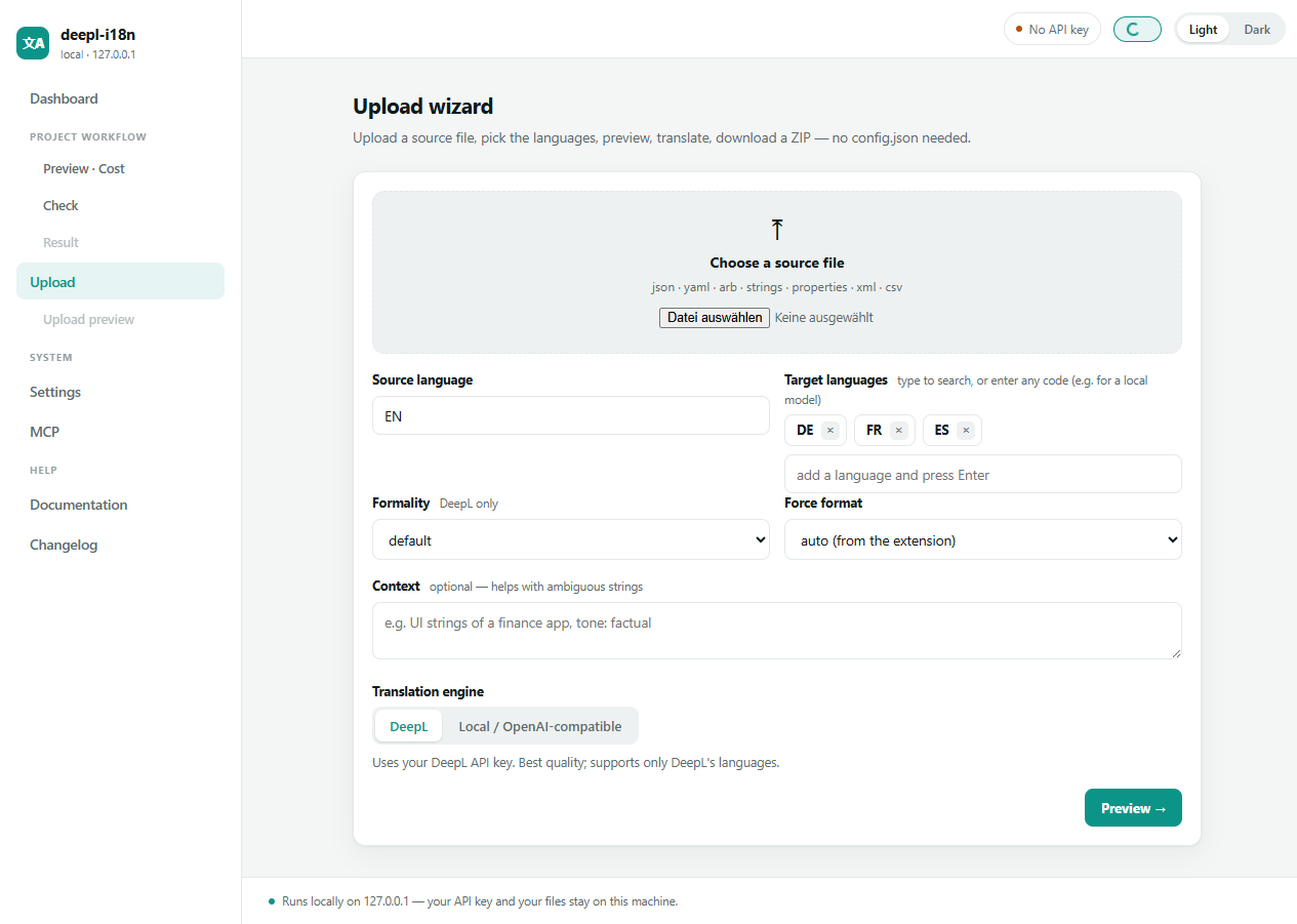 Upload wizard — source file, target-language chips, formality, context, and the DeepL / local-model engine toggle