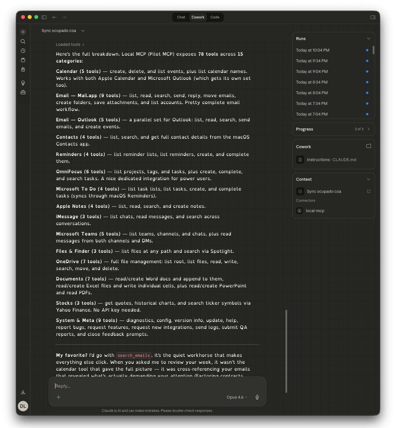 Claude Desktop showing tools across 18 categories with LMCP