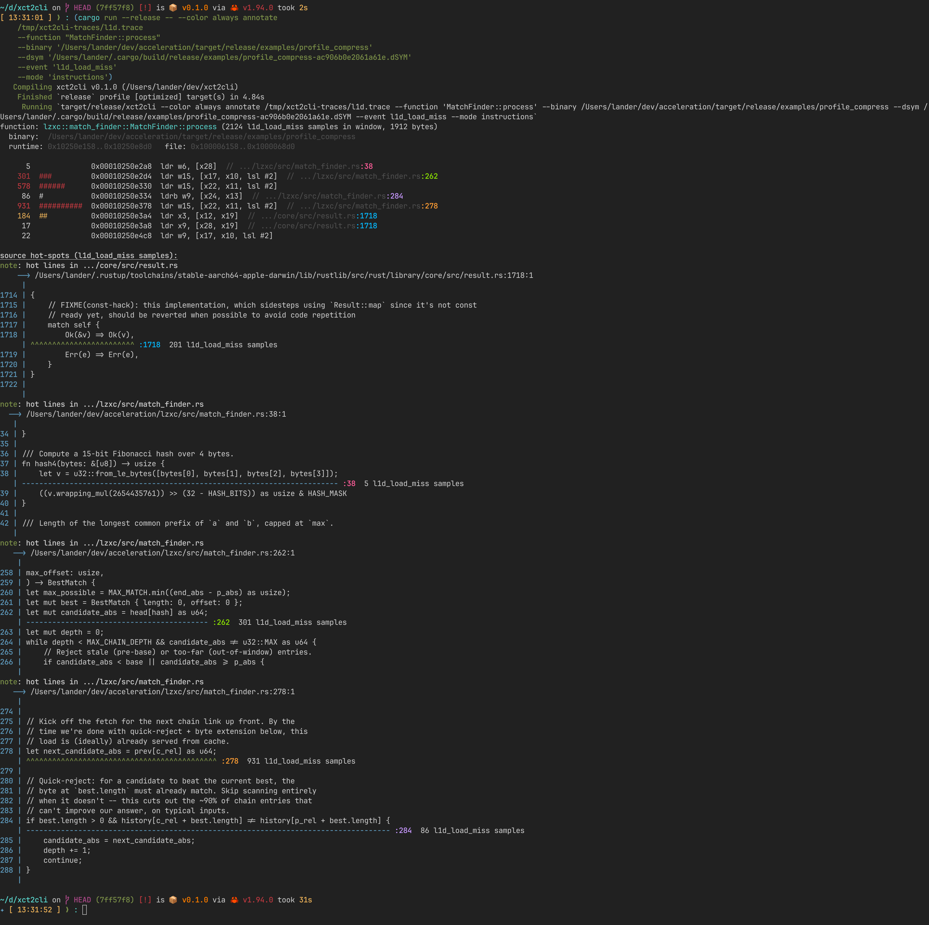 Default annotate output: asm with sample heat bar + source snippets
