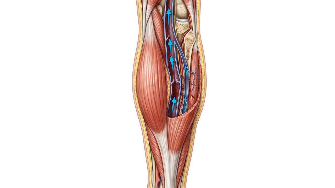 Anatomical illustration of the calf muscle pump squeezing veins to push fluid up against gravity