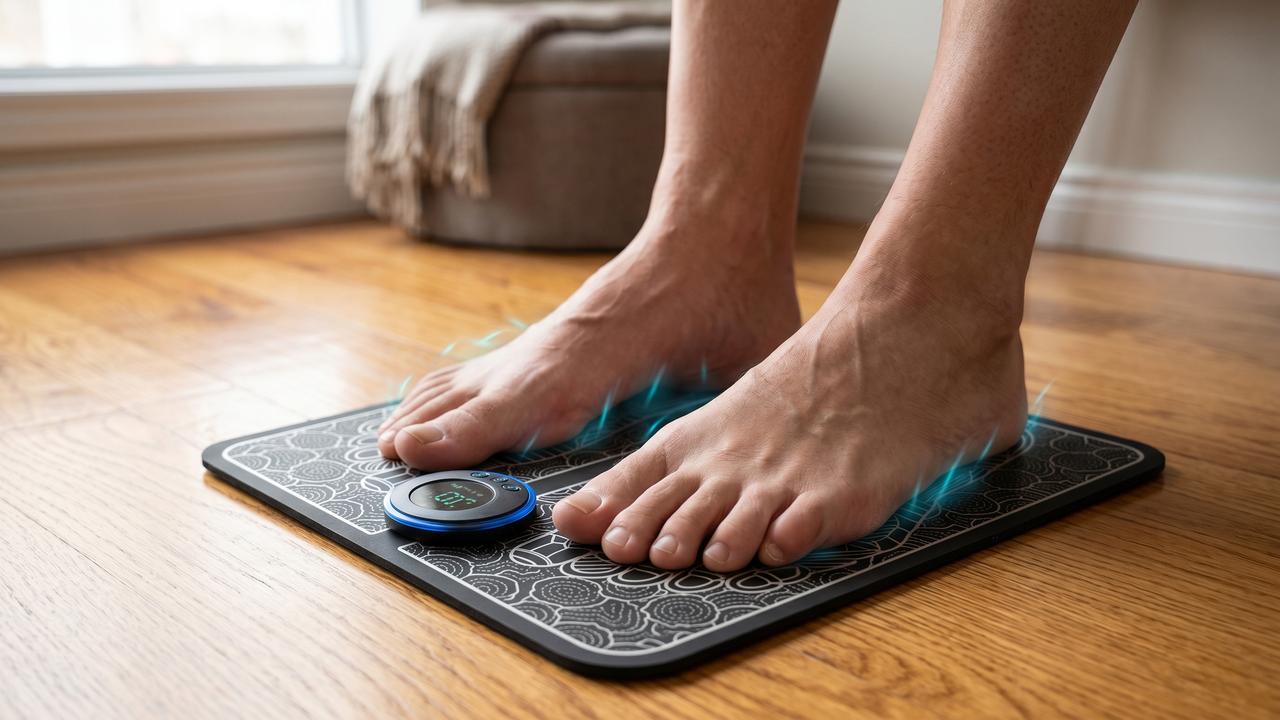 Bare feet resting on the Ornexis EMS Foot Plate with subtle blue electrical pulse glow