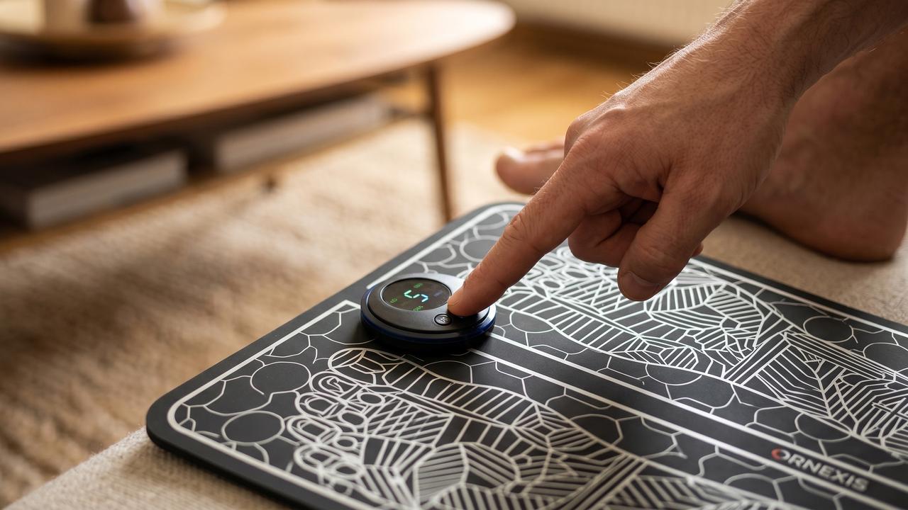 Close-up of a hand pressing the intensity buttons on the Ornexis EMS Foot Plate controller
