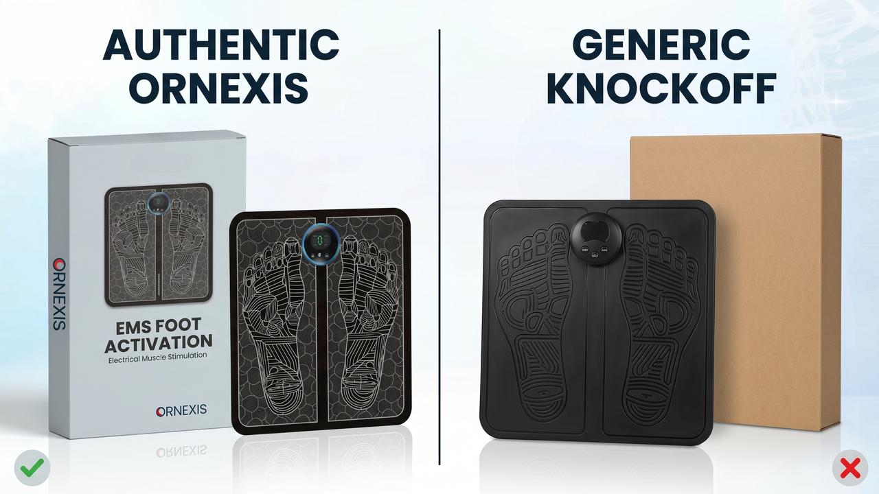 Genuine Ornexis EMS Foot Plate with green check vs unbranded knockoff with red x