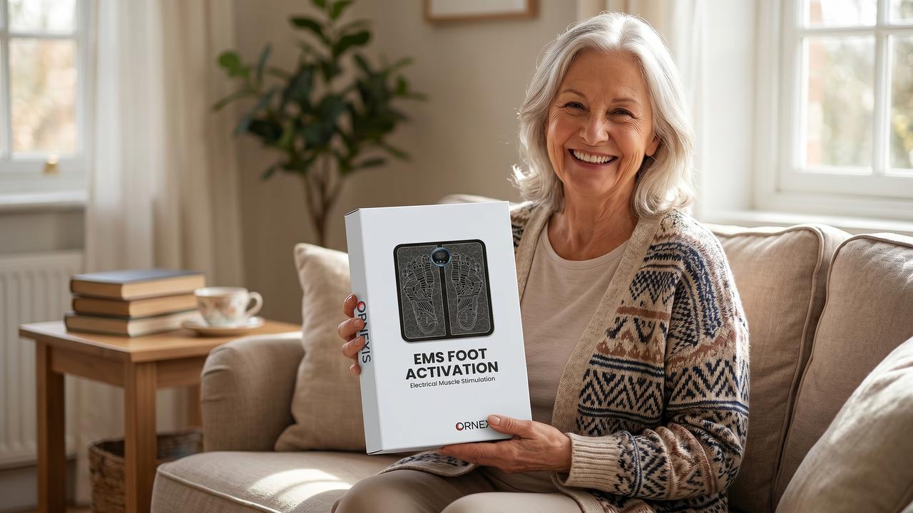 Smiling older customer holding the Ornexis EMS Foot Plate packaging box, ready to start