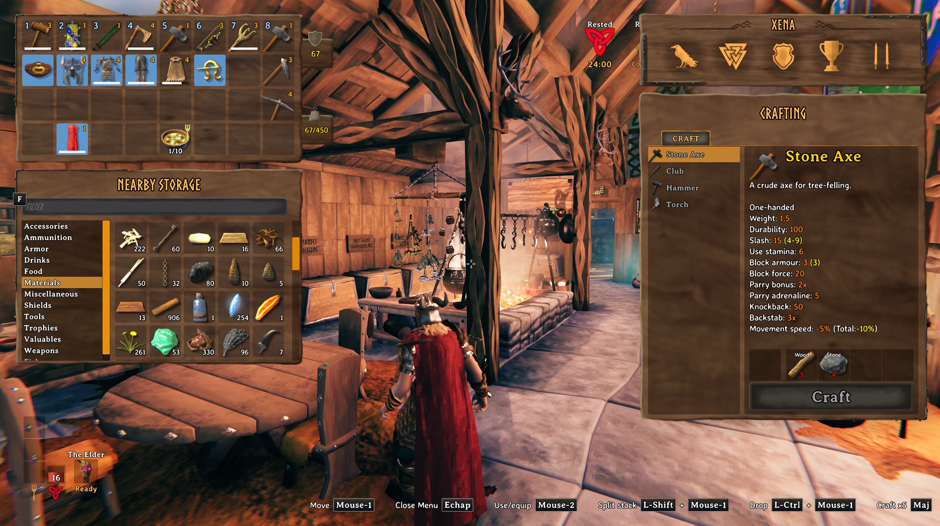 Nearby Storage panel open alongside the Valheim inventory and crafting menu