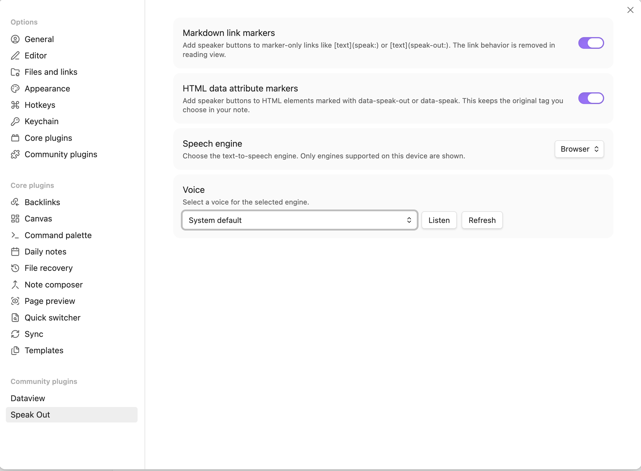 Speak Out settings tab