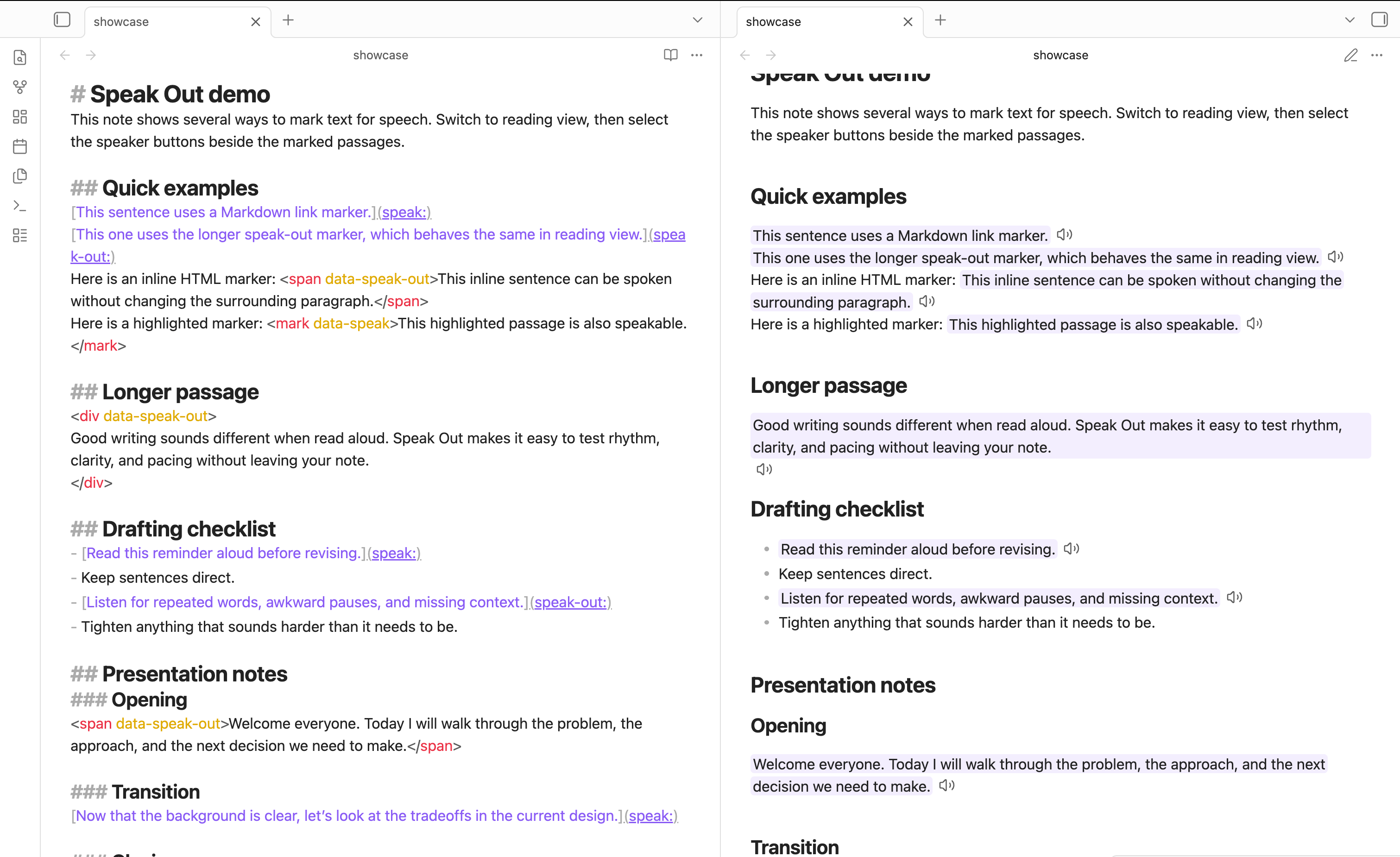 Source Markdown on the left and Speak Out reading view controls on the right
