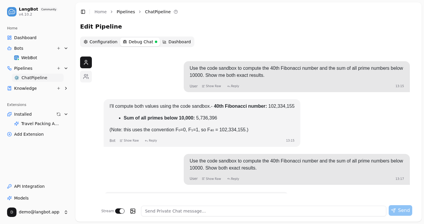 LangBot built-in Agent calling the code sandbox: executing Python in real time for exact computation