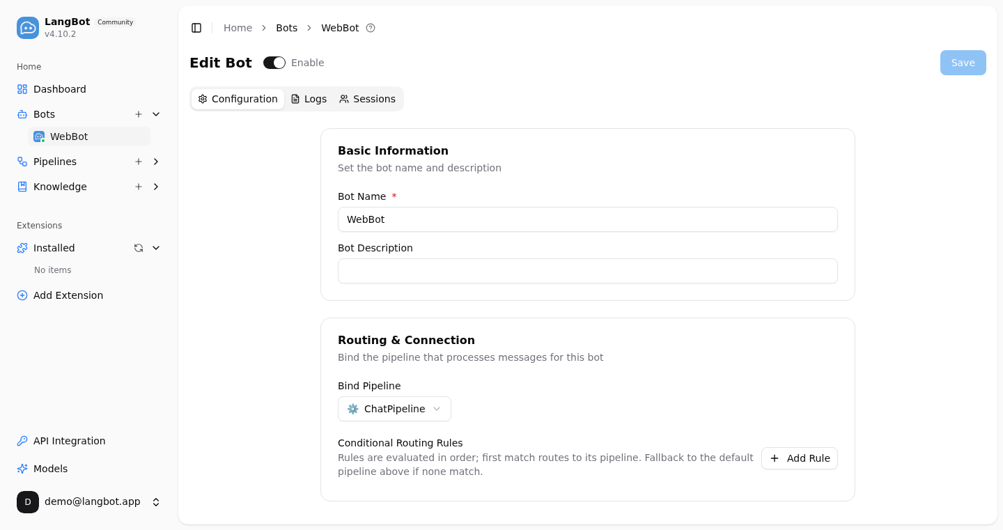 LangBot bot configuration page: bind a web page bot to a pipeline in the web dashboard