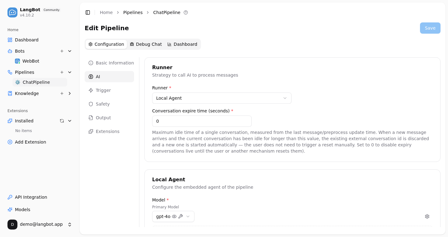 LangBot pipeline AI configuration: choose the built-in Agent runner and primary model