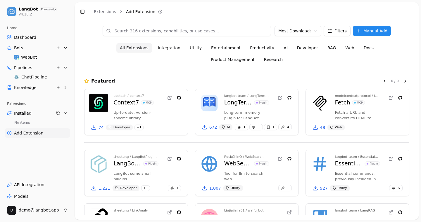LangBot extension marketplace: one-click install for hundreds of community plugins and MCP tools