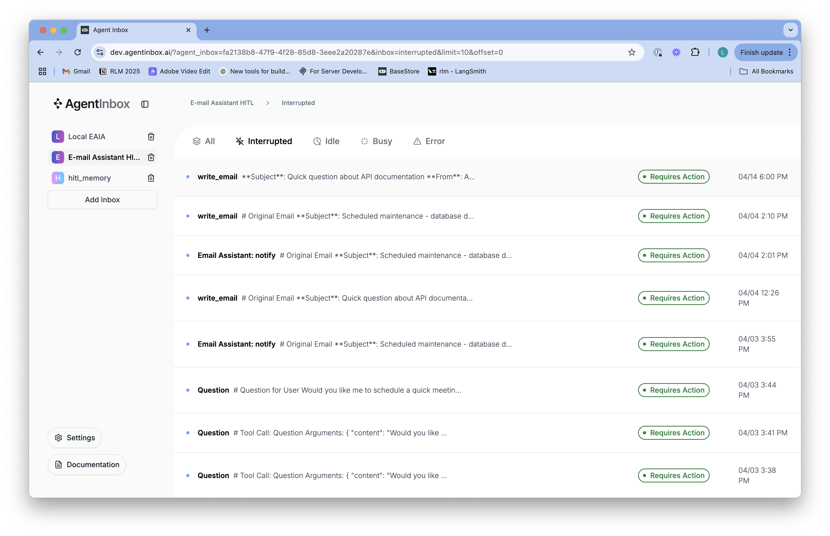 Agent Inbox showing email threads