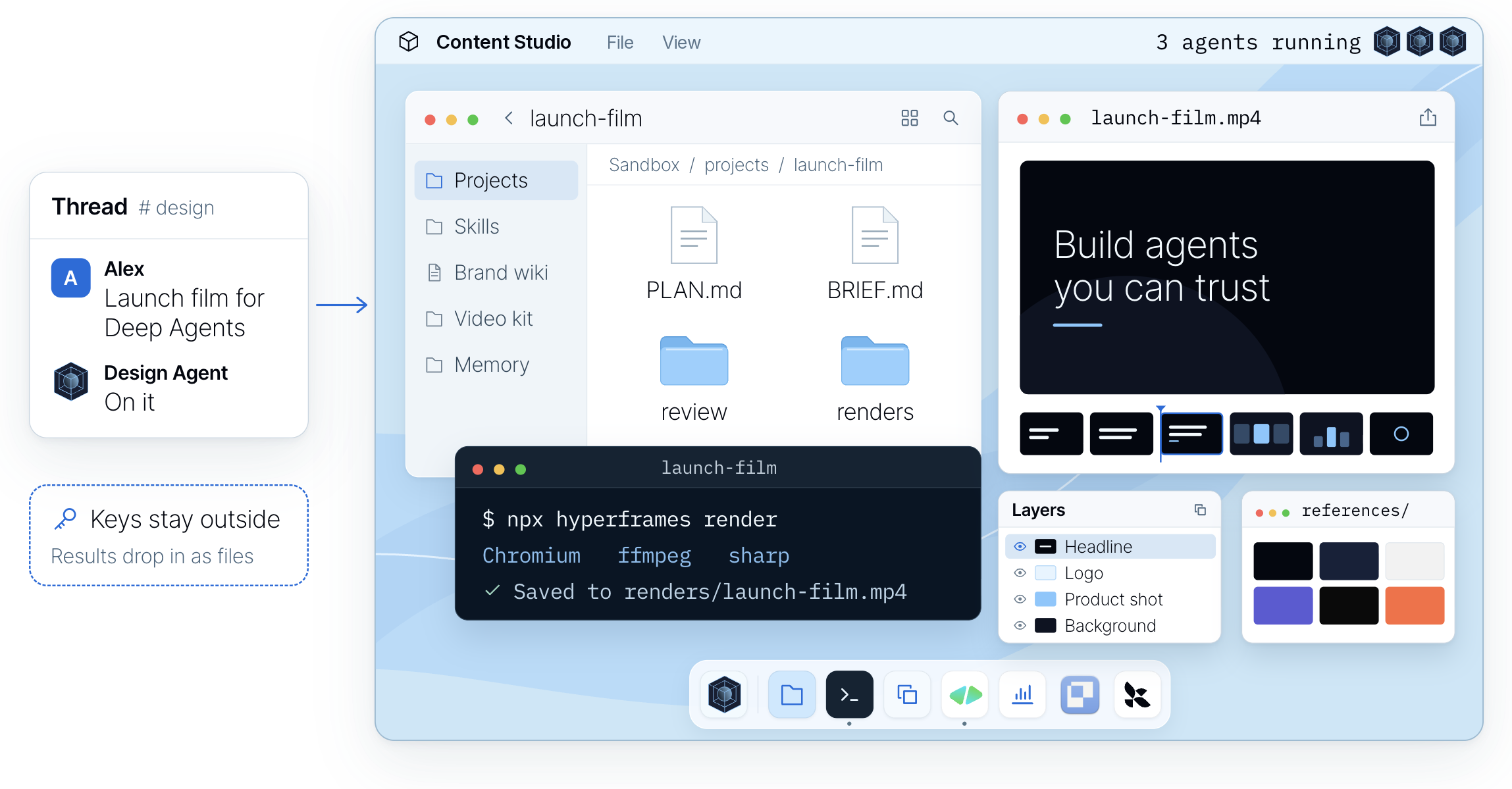 The agent's computer: a Slack request for a launch film, project folders, a HyperFrames render in the terminal, the film preview, layers and references