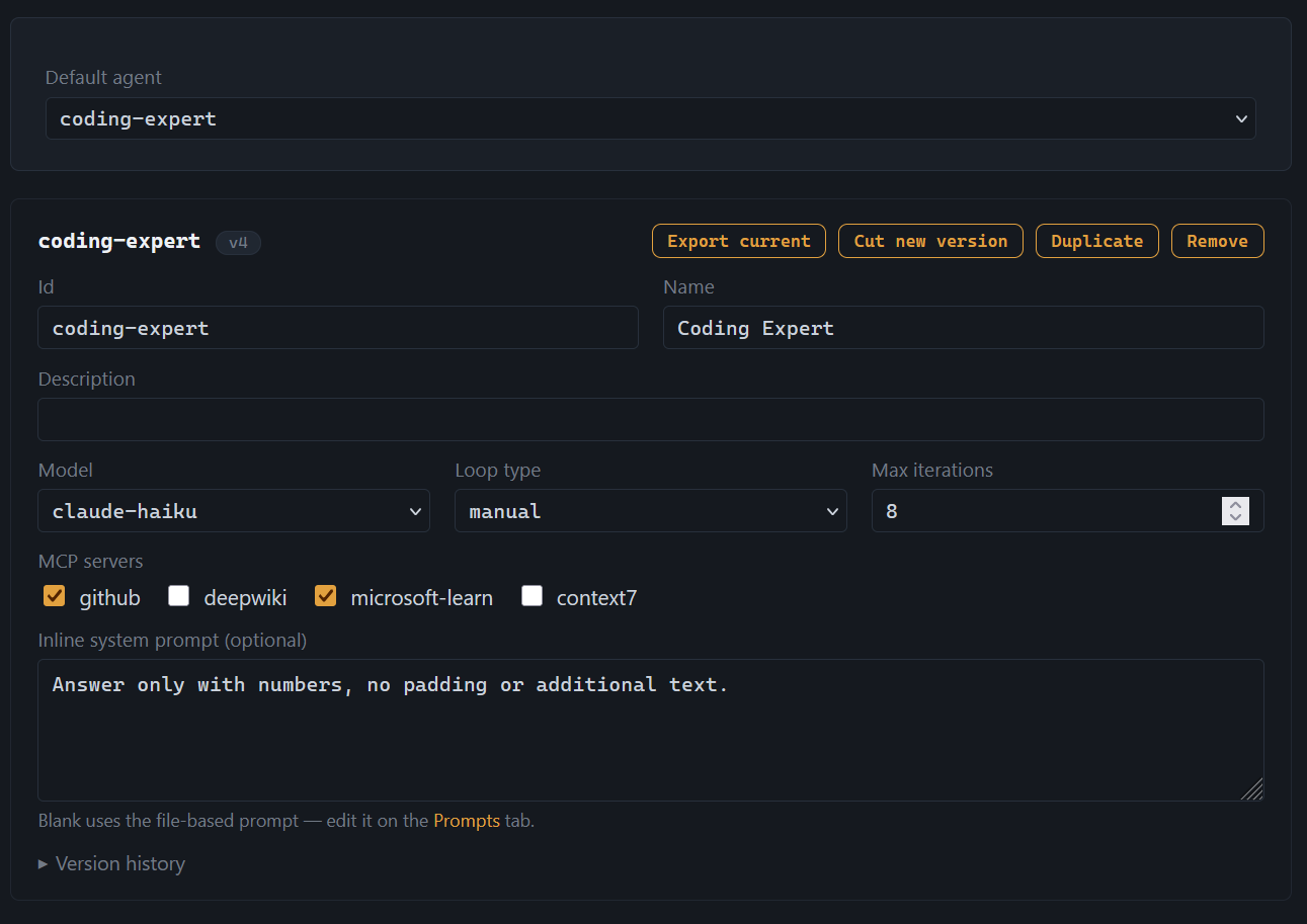Agents config — structured editor for an agent's model, MCP servers, and prompt, with a Duplicate button for spinning off a variant to compare