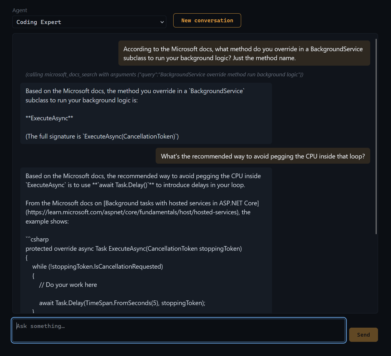 Chat REPL — a conversation with an agent, showing a tool-call progress line and the final answer