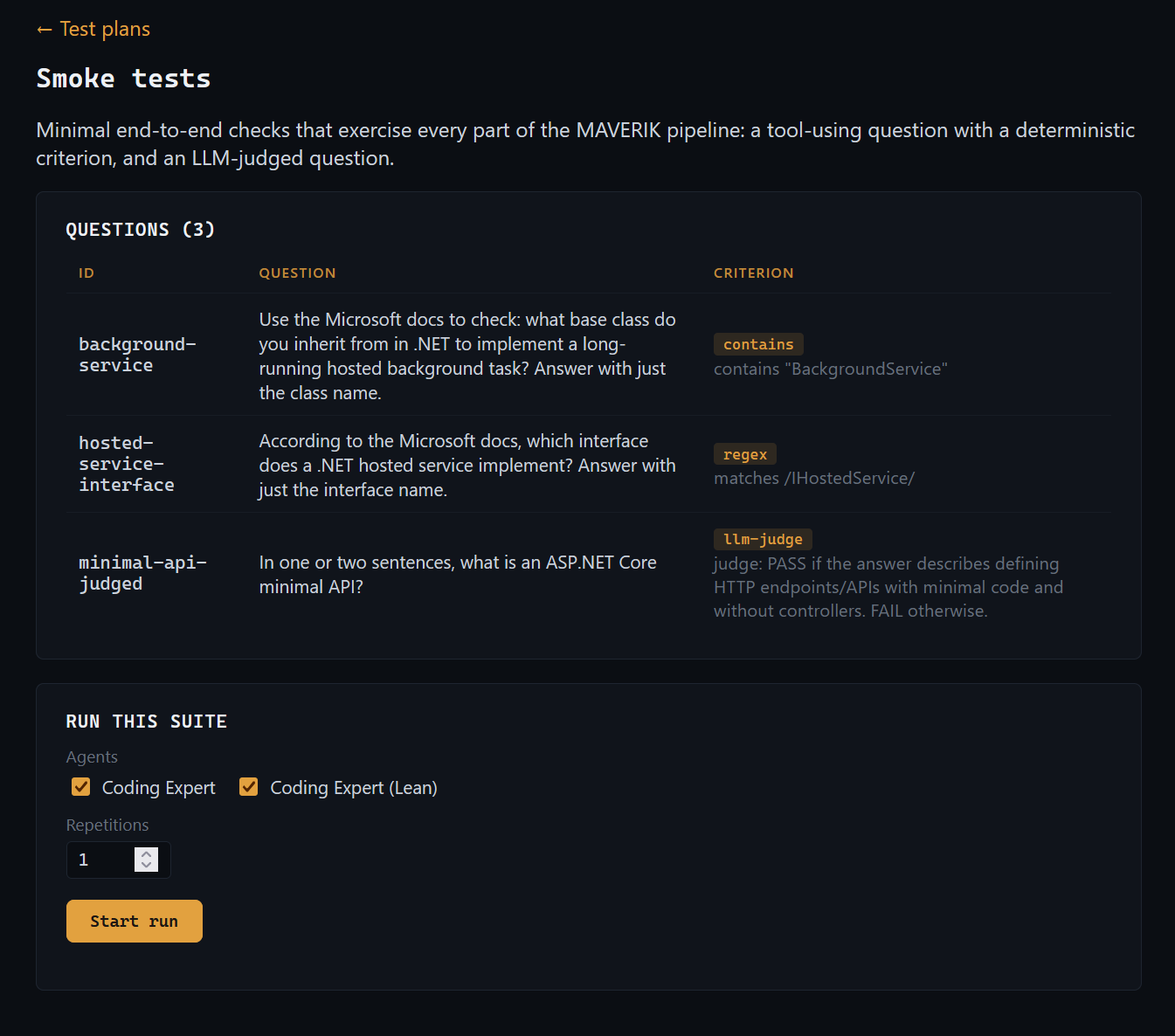 Test plan detail — a suite's questions and criteria table, with the agent-picker run form below it