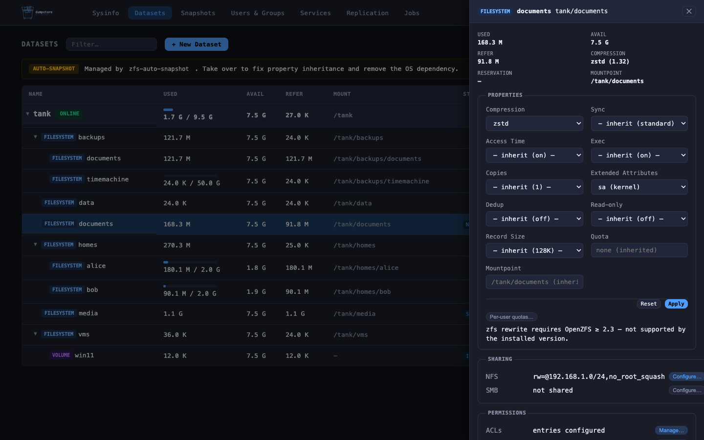 Detail drawer — inline property editing, sharing, permissions