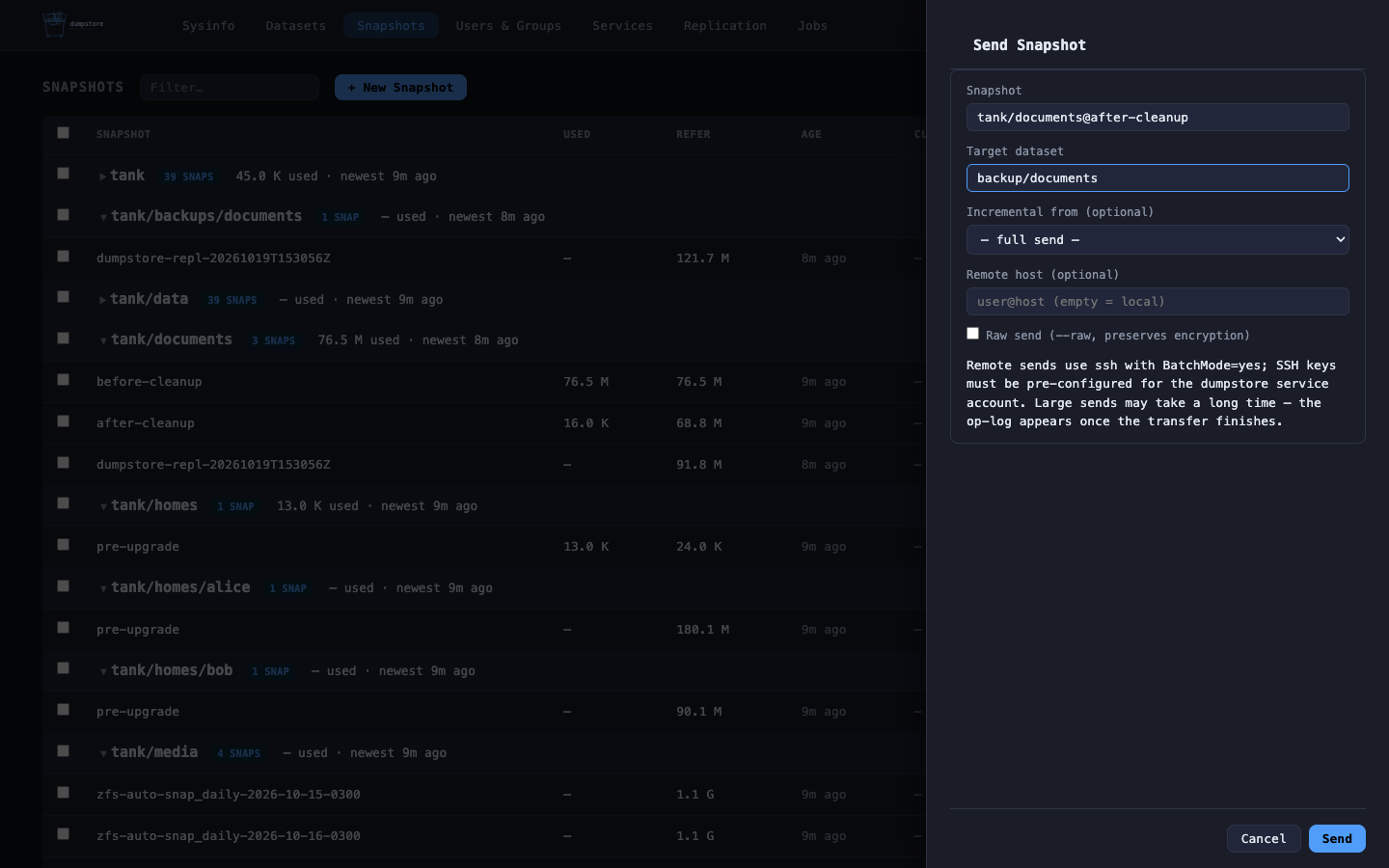 Send a snapshot locally or over SSH