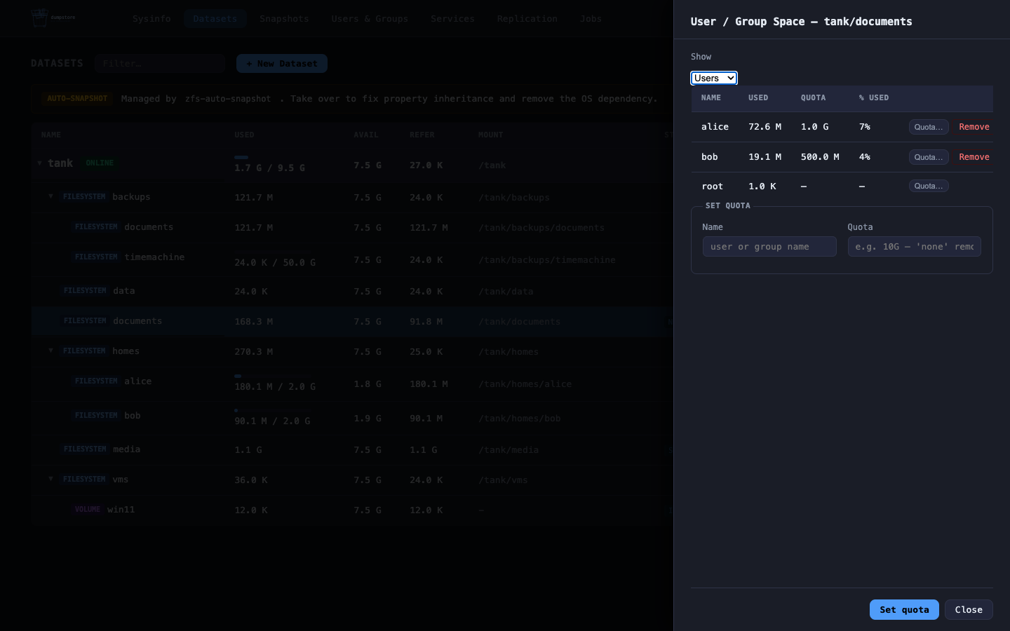 Per-user space and quotas