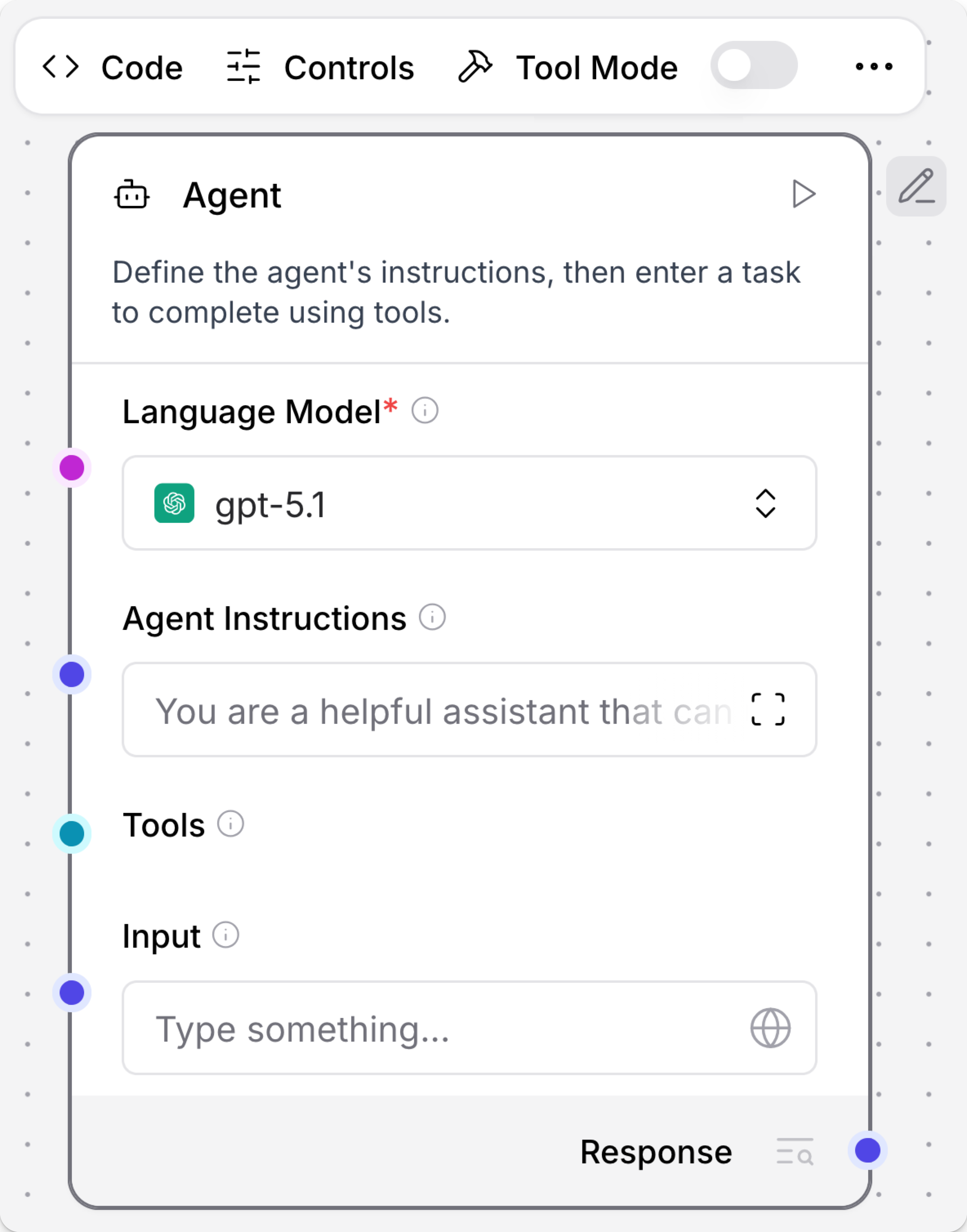 LangflowのAgentコンポーネント設定画面。ツールを割り当ててマルチエージェント構成を組む