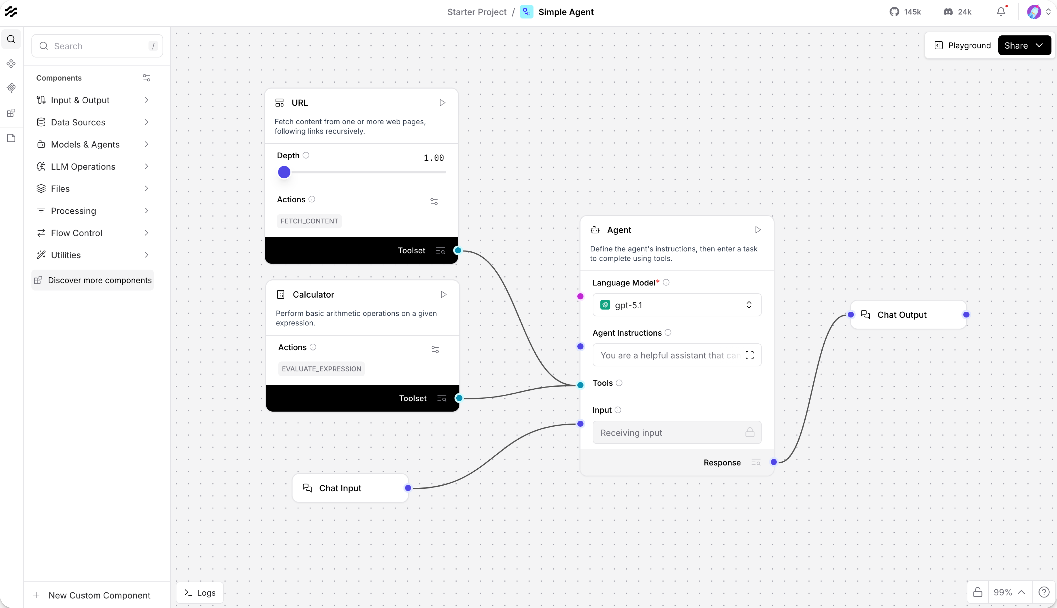 Langflow公式クイックスタートのSimple Agentフロー例。ノードが接続された状態で表示される