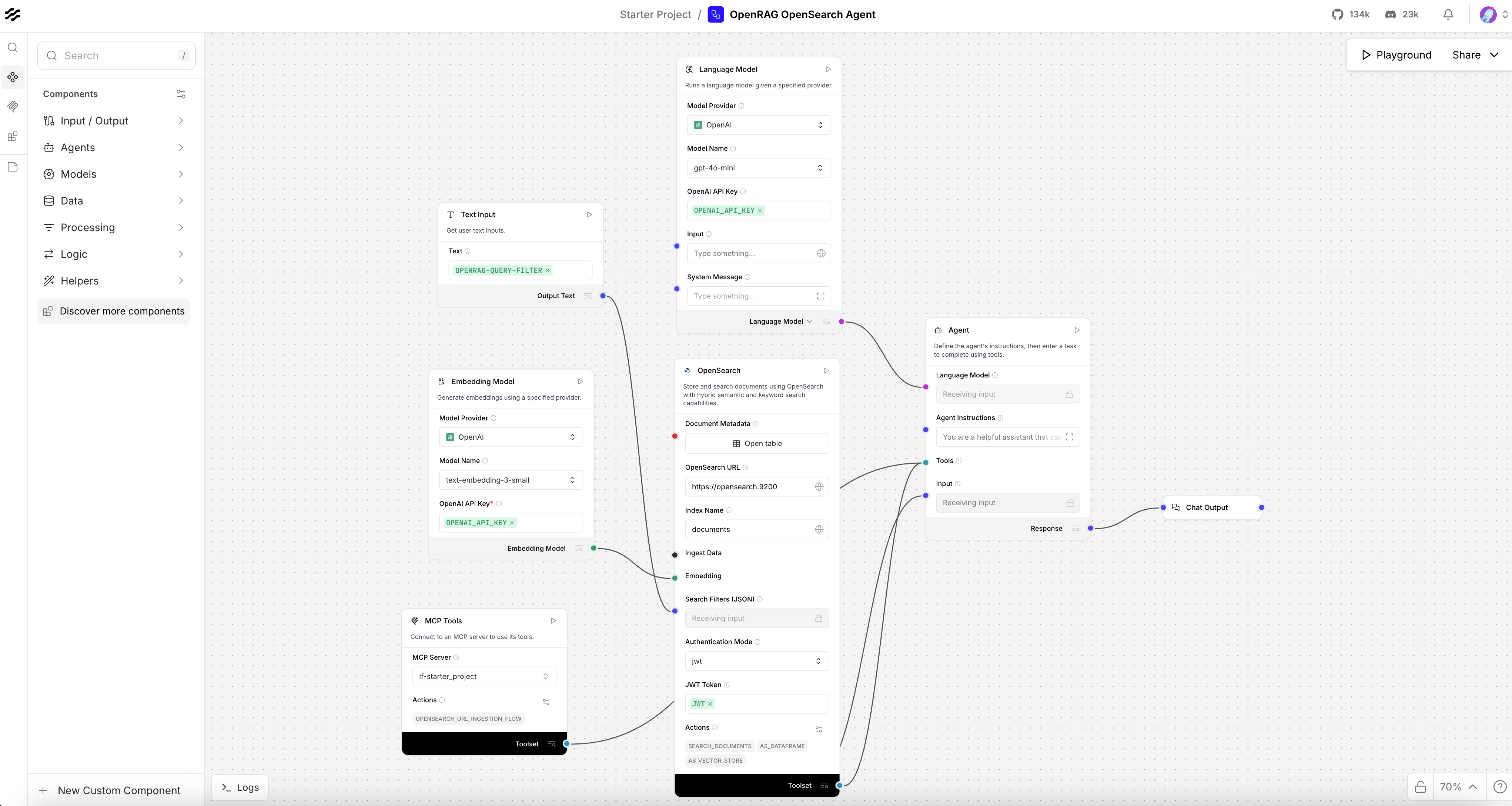 OpenRAG visual workflow builder showing the AI agent pipeline