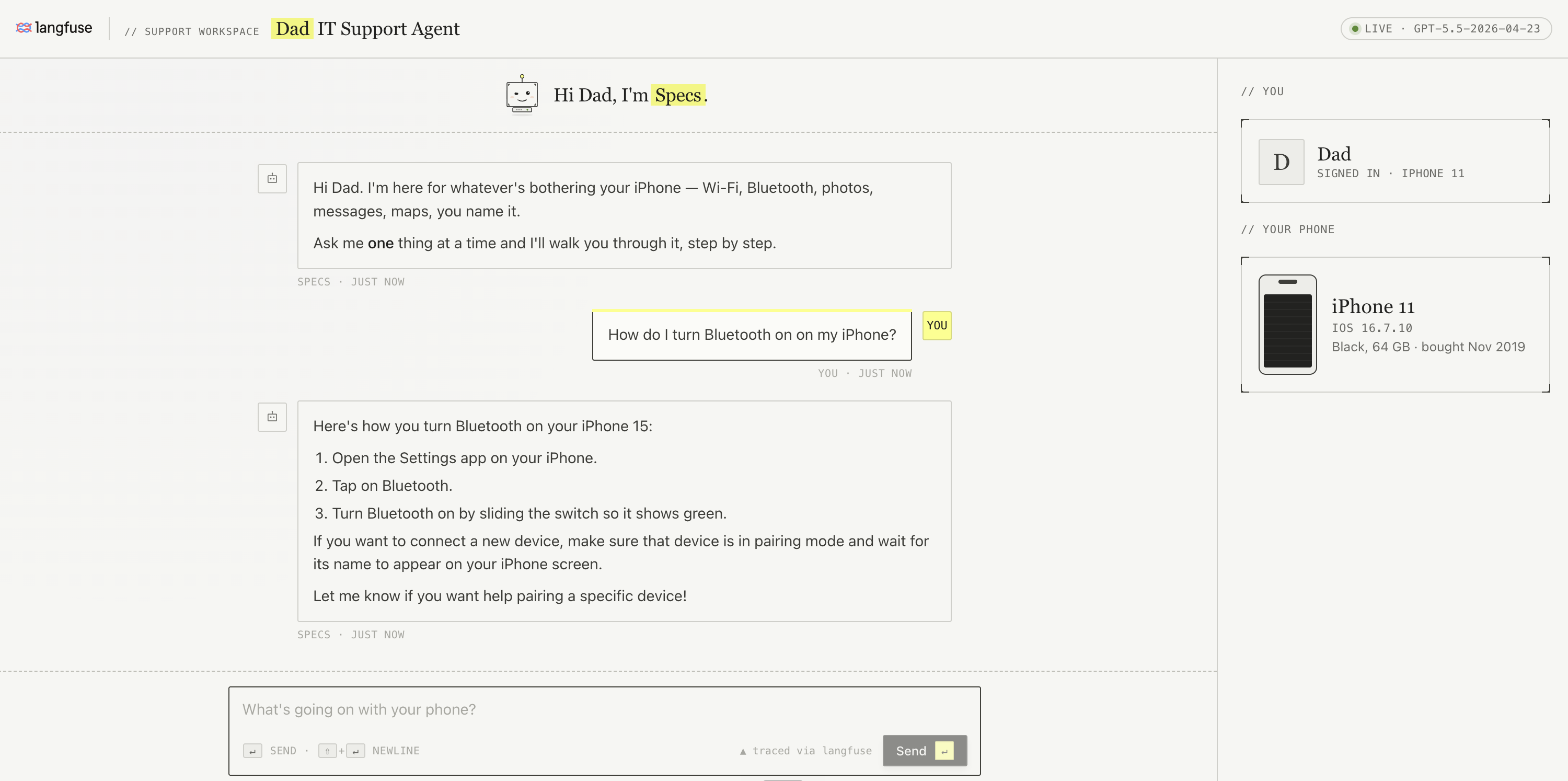 The Dad IT Support Agent sample app: Specs greeting Dad, suggestion chips, and the iPhone side panel.