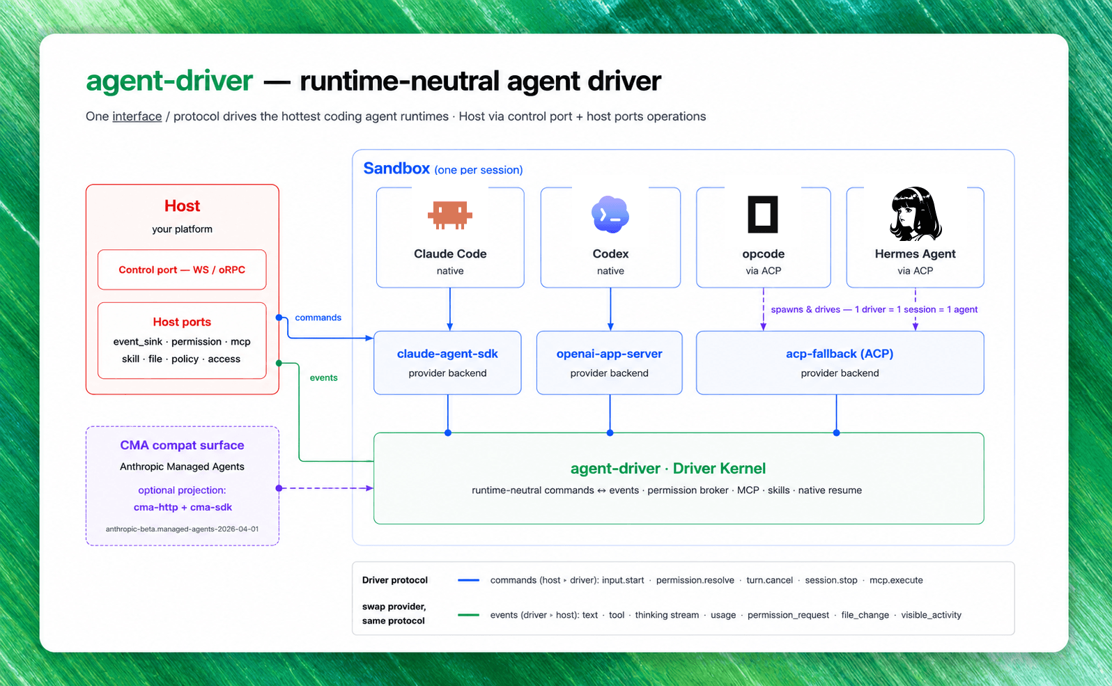 agent-driver architecture: Claude Code, Codex, opencode, and Hermes Agent run inside a sandbox and are driven by the Driver Kernel through a runtime-neutral command/event protocol; the host controls the driver via a control port and host ports, with an optional CMA compatibility surface.