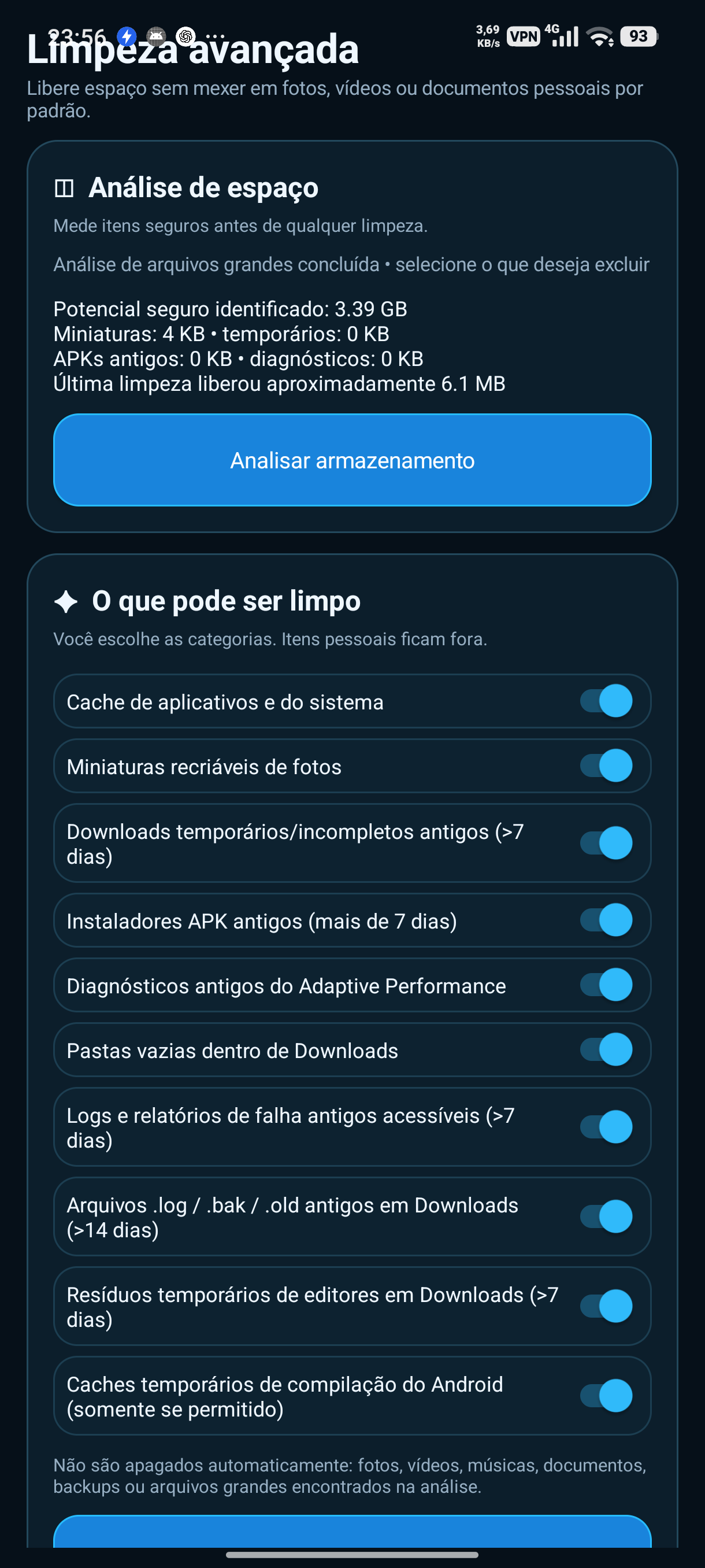 Tela de limpeza avançada