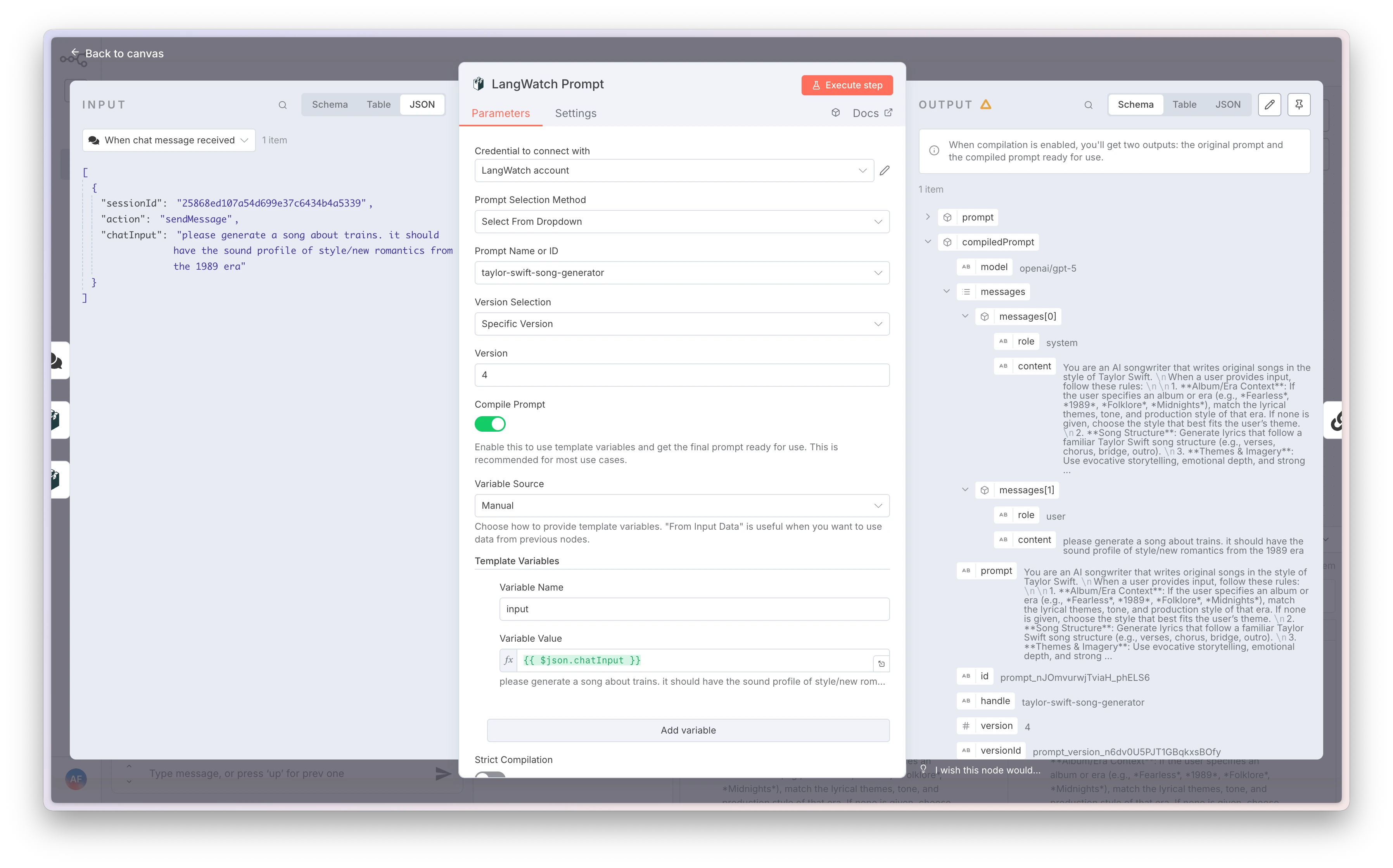 Prompt node configuration interface