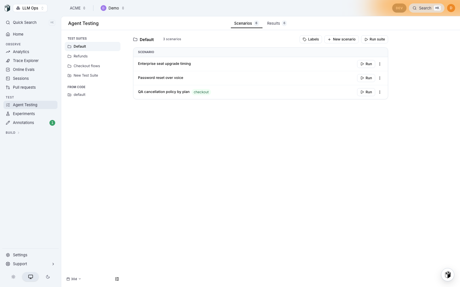 Agent Testing, with test suites on the left and the scenarios in a suite on the right
